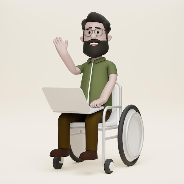 3D niepełnosprawny mężczyzna przychodzi do pracy z wózkiem inwalidzkim Happy