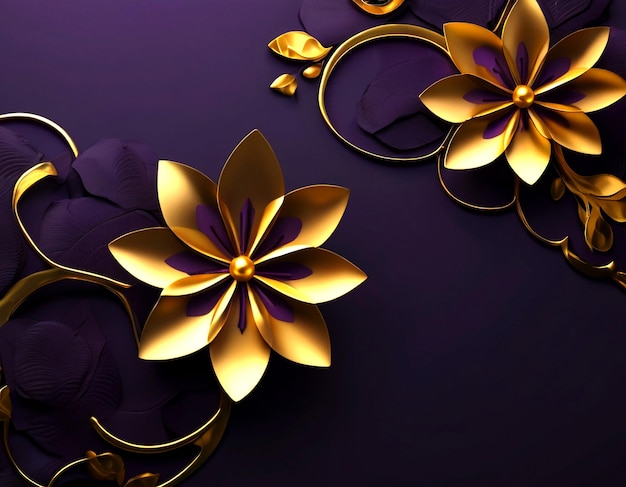 3D nowoczesne luksusowe tło kwiatowe ze złotymi fioletowymi kwiatami