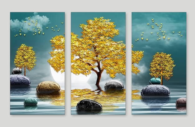 3d nowoczesne płótno mural tapety krajobraz jezioro tło księżyc w wodzie i złote drzewo