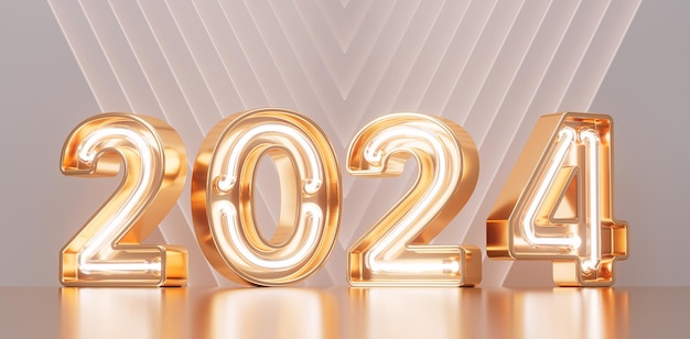 Zdjęcie 3d numery nowego roku 2024 ze świecącymi światłami luksusowy pozdrowienie tła 3d ilustracji