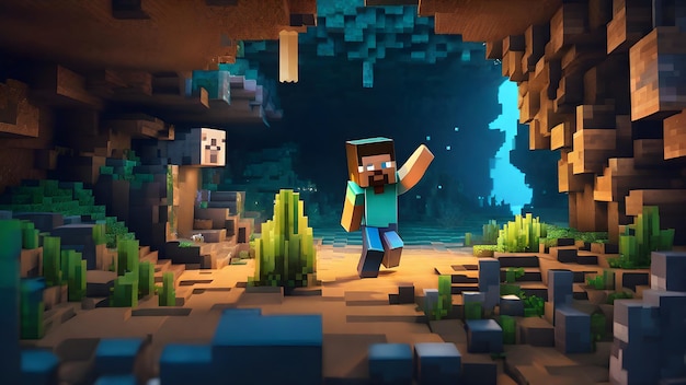 3D obraz jaskini Minecraft z nieumarłymi stworzeniami Kopiowanie kosmicznej gry voxel w jaskini Minecraft