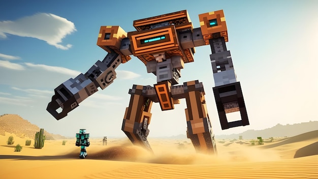 3D obraz przerażającego robota Minecraft w pustyni ilustracja sztuki cyfrowej gra voxel cube