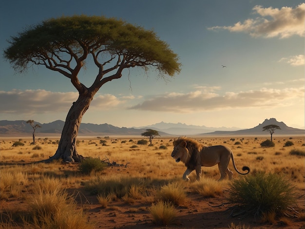 Zdjęcie 3d obraz rzadkiego krajobrazu sawanny z pojedynczym drzewem akacji i lwem