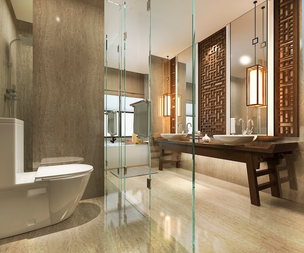 3d odpłaca się nowożytną łazienkę z luksusową płytką i chińską ścienną dekoracją