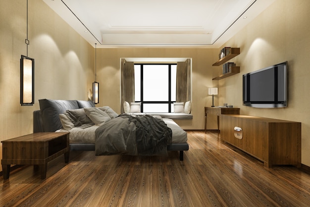 3d odpłaca się pięknego minimalnego luksusowego azjatykciego sypialnia apartament w hotelu z tv