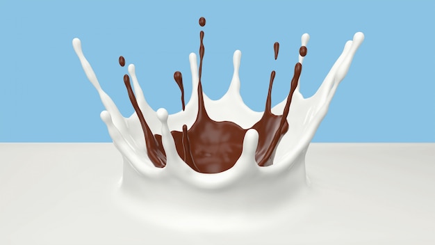 Zdjęcie 3d odpłacają się mleko i czekolada z korony pluśnięciem.