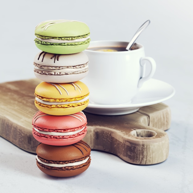 3d Odpłacał Się Skład Macarons Deserowi Z Filiżanką Kawy