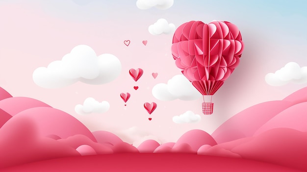 3d origami balon powietrza gorącego latający z sercem miłość urocza kartka powitalna lub sprzedaż baner