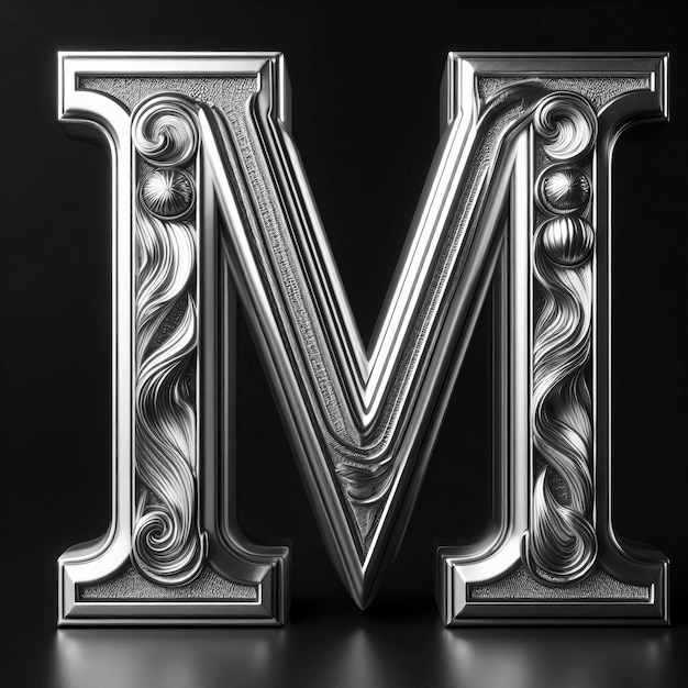 3d Ornament Crafted Alphabet M metalowy napis na ciemnym tle srebrny projekt logo litery M