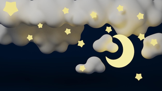Zdjęcie 3d papercut cloudsmoon and stars on night sky blue backgroundsale header or voucher template with gold moondobranoc i słodkich snów bannermiejsce dla ilustracji renderowania text3d