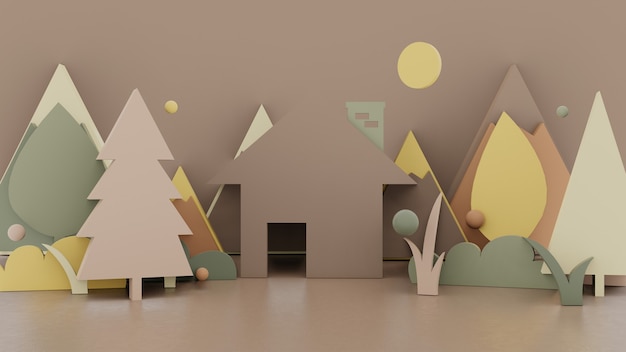 3d papercut dom i drzewo scena z góry i trawy