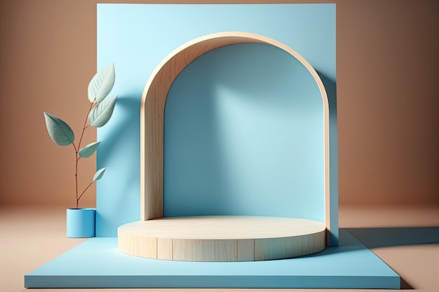 3D Pastel Blue Podium Wyświetl charakter drewniany stojak Tło dla produktów Generative ai