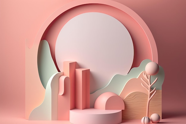 3D Pastel Pink Podium Wyświetl charakter drewniany stojak Tło dla produktów Generative ai