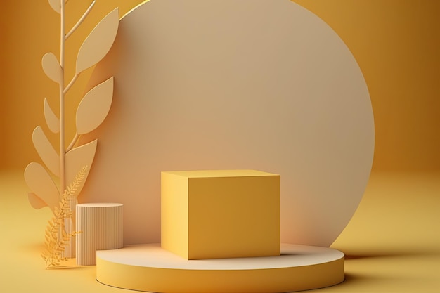 3D Pastel Yellow Podium Wyświetl charakter drewniany stojak Tło dla produktów Generative ai