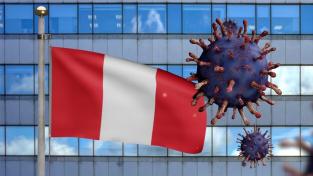 3D, peruwiańska flaga powiewająca z nowoczesnym wieżowcem i epidemią koronawirusa. Wirus grypy typu Covid 19 z narodowym banerem Peru wiejący w tle. Koncepcja ryzyka pandemii