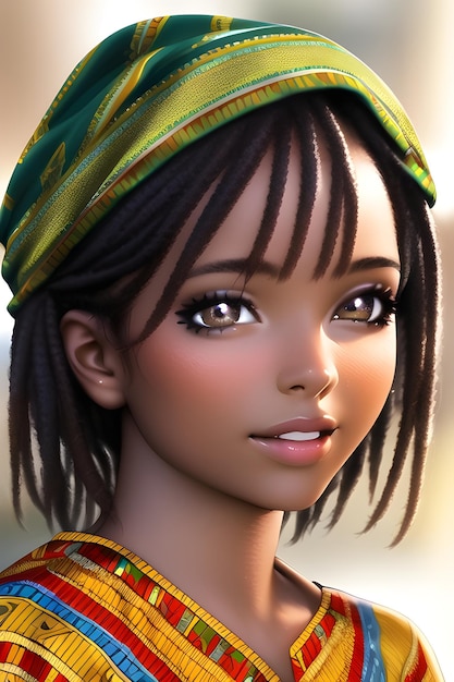 3D Piękna afrykańska kobieta w sukience dashiki i owinięciu głowy w cyfrowym obrazie w stylu anime