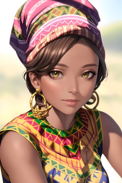 3D Piękna afrykańska kobieta w sukience dashiki i owinięciu głowy w cyfrowym obrazie w stylu anime