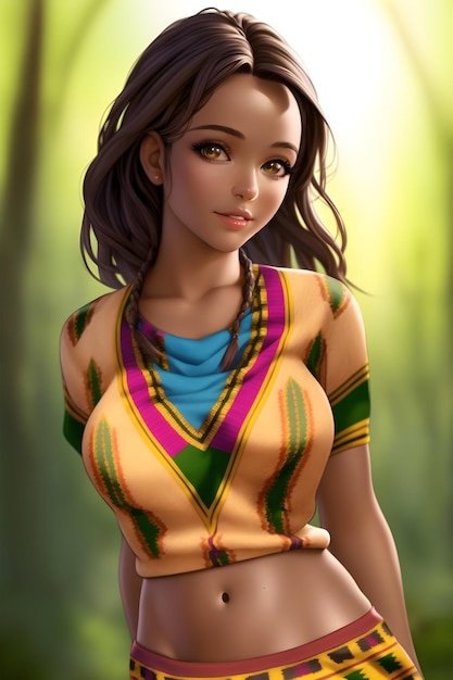 3D Piękna afrykańska kobieta w sukience dashiki w stylu anime ilustracji obrazu cyfrowego