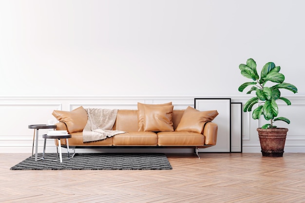 3d piękne wnętrze z kanapą i domową rośliną