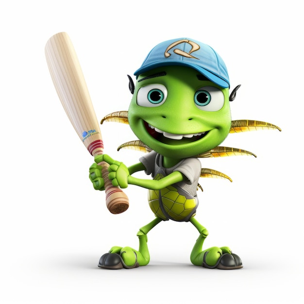 3d Pixar Cricket Character With Bat Wysokiej jakości animowany zielony krykiet