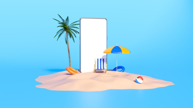 3D plaża morska i mobilna na sprzedaż i parasol odpoczynek i podróż na świeżym powietrzu Piasek i siedzenie na plaży morskiej