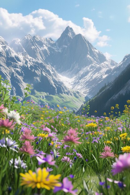 3D pocztówka z spokojnym górskim krajobrazem i wiosennymi kwiatami