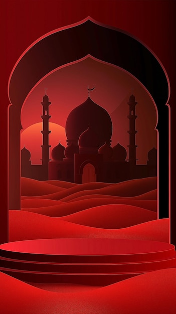 3D podium czerwone i czarne tło do prezentacji produktu pustynia piaskowa z sylwetką meczetu