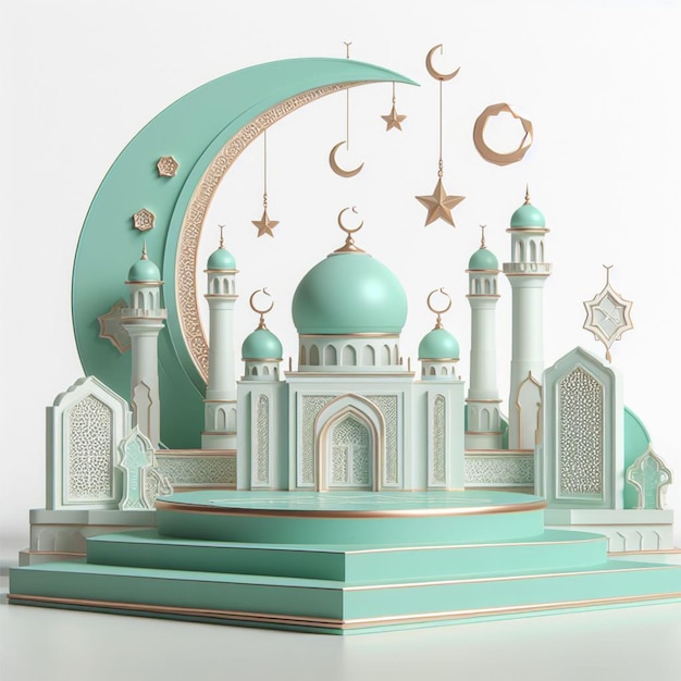 3d podium meczet i islamski półksiężyc ozdoby miętowe kolory