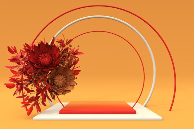 3d Pomarańczowe Kwadratowe Podium Z Jesienną Kompozycją Czerwonych Kwiatów Cokół Na Produkt Do Pielęgnacji Skóry