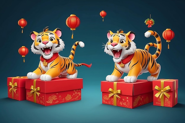 Zdjęcie 3d pop out pudełka z niespodziankami projekt jeden z uroczym tygrysa skaczący i jeden bez