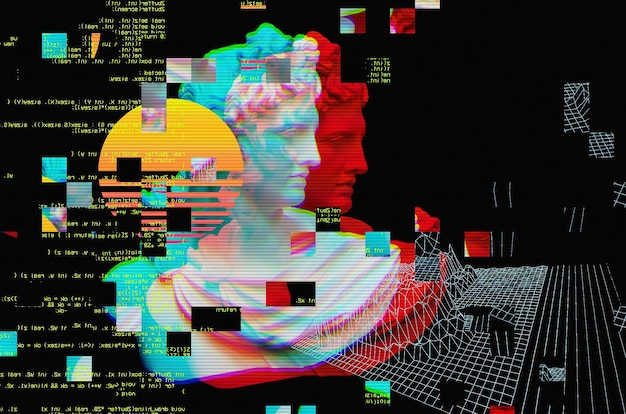 3d portret Apolla z efektem usterki w stylu Cyberpunk Wirtualna rzeczywistość