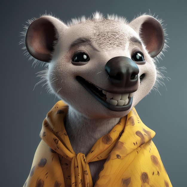 3D portret hieny z kreskówek w ubraniach stojących przed studyjnymi światłami generatywnymi ai