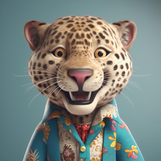 3D portret jaguara z kreskówek w ubraniach stojących przed studyjnymi światłami generatywnymi ai