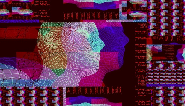 3D portret mężczyzny z efektem usterki Styl Cyberpunk Konceptualny obraz sztucznej inteligencjiWirtualna rzeczywistość Systemy głębokiego uczenia i rozpoznawania twarzy