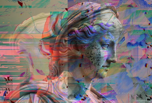 3D portret starożytnej rzeźby z efektem glitch w stylu cyberpunkowym Konceptualny