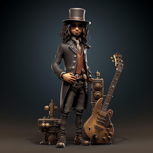 Zdjęcie 3d postać mężczyzna człowiek cienka opalona skóra trzymająca steampunk gitarę muzyka gra asset design art