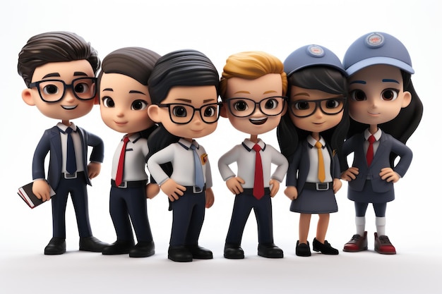3D postać z kreskówek urocza wieloetniczna grupa młodych biznesmenów oficer zespołu korporacyjnego