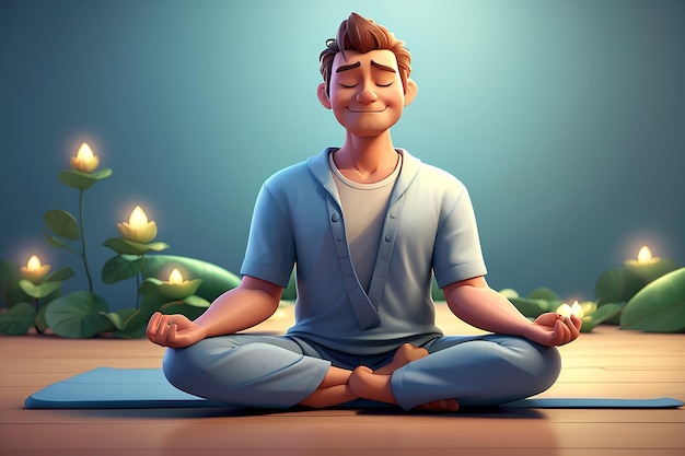 3D postać z kreskówki przedstawiająca medytującego mężczyznę siedzącego na podłodze w pozycji lotosu jogi