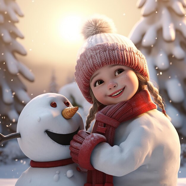 3D przedstawia małą dziewczynkę z uśmiechniętą twarzą robiącą śnieżaka