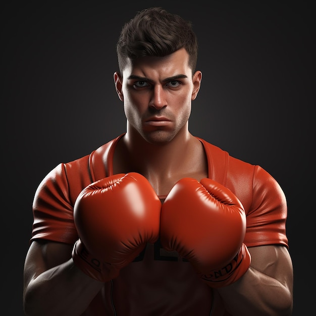 Zdjęcie 3d przedstawia męskiego bokserza w rękawiczkach z agresywnym wyrazem twarzy