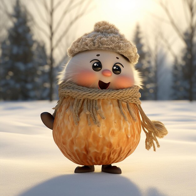 Zdjęcie 3d przedstawiało ziemniak ciepło ubrany tańczący w śniegu