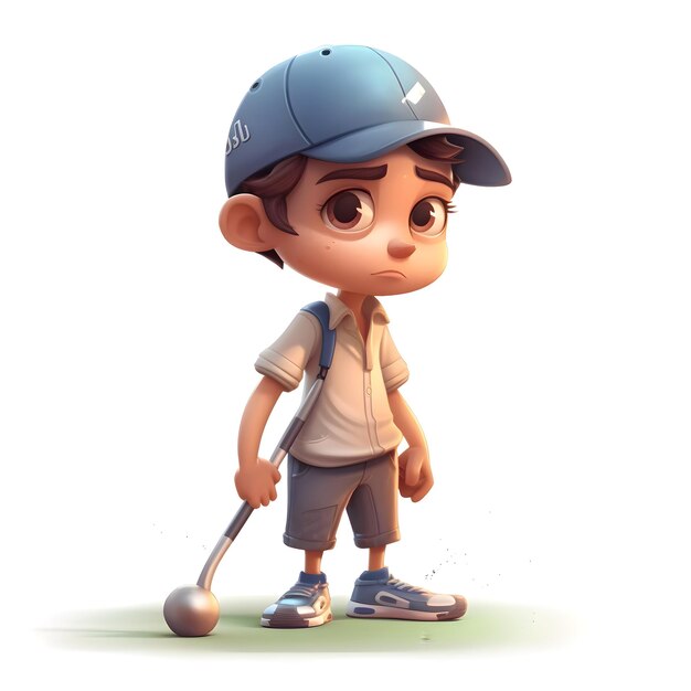 3D przedstawienie małego chłopca grającego w golfa z kijem do golfa