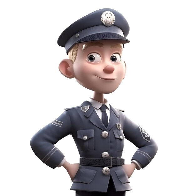 3D przedstawienie małego chłopca w kapeluszu i mundurze policjanta