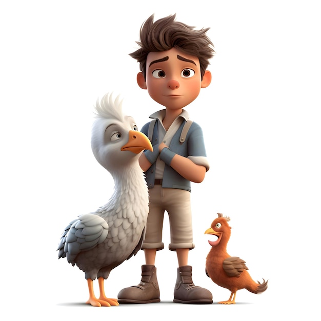 3D przedstawienie małego chłopca z kaczką i kurczakiem