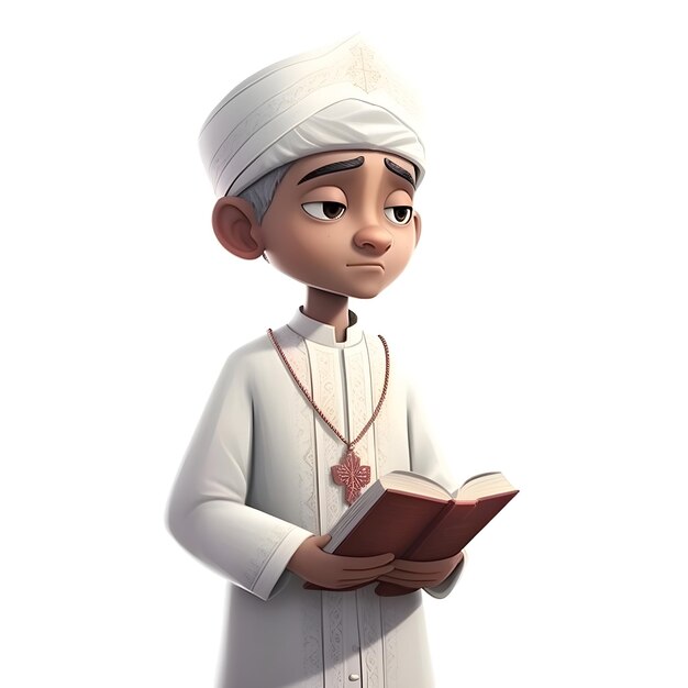 3D przedstawienie uroczego muzułmańskiego chłopca czytającego świętą książkę