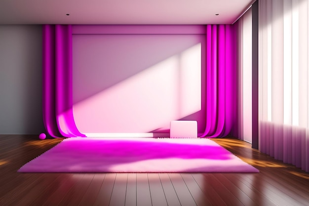 3D Pusty, nowoczesny, minimalistyczny pokój z białą przezroczystą zasłoną, dużym dywanikiem z lalką misia i różowym balonem