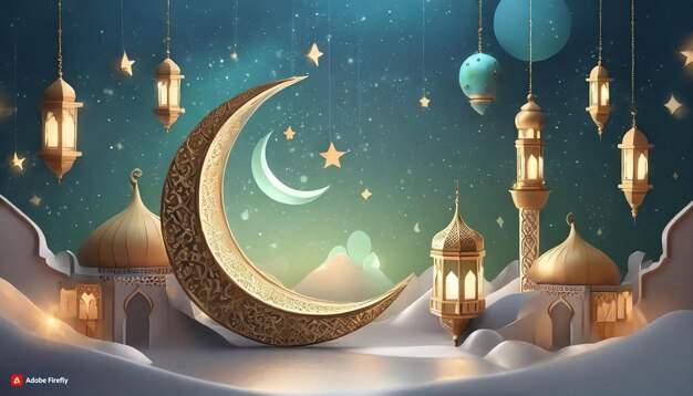 Zdjęcie 3d radiance of ramadan crescent glow i lanterns social banner design