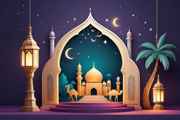 3d ramadan noc baner szablon uroczy meczet i latarnia wyświetlany na scenach z świecącym światłem wieczorem