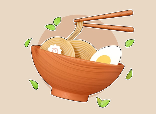 3D Ramen azjatycka zupa z makaronem z jajkiem pałeczkami i wodorostami w drewnianej misce