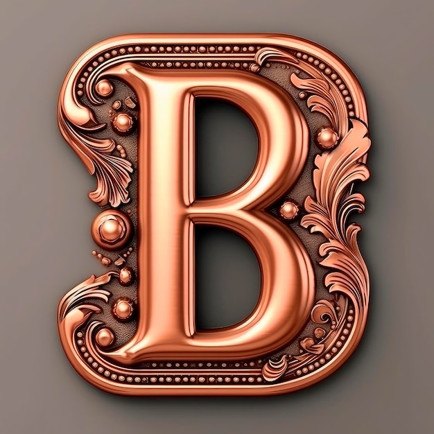 3D realistyczna litera B miedzi z starożytnym ornamentem